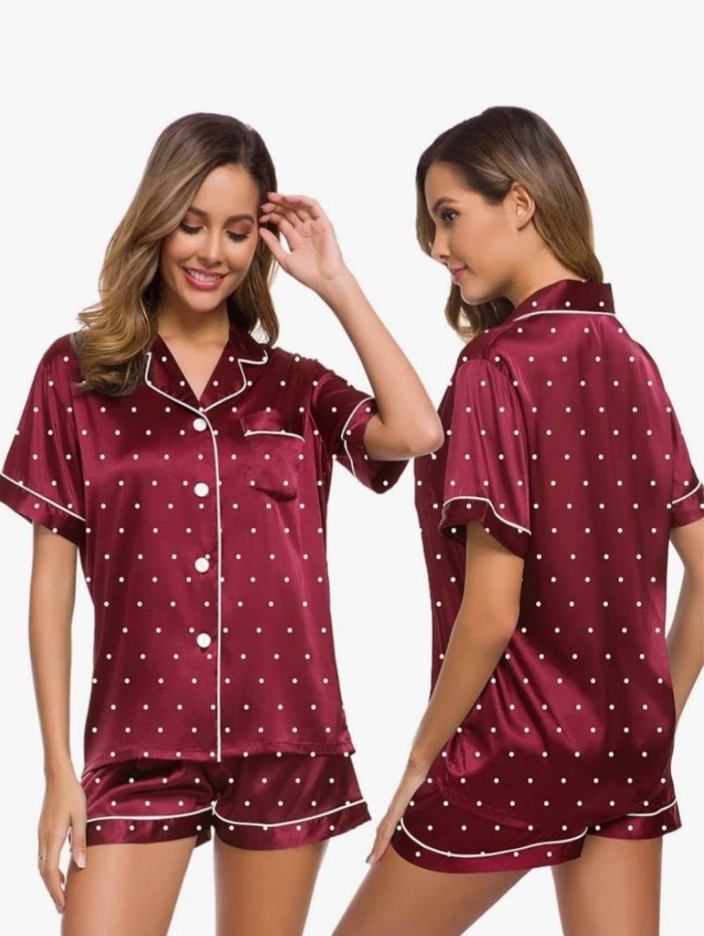 Women's Burgundy Polka Dot Satin Short Pajama Set